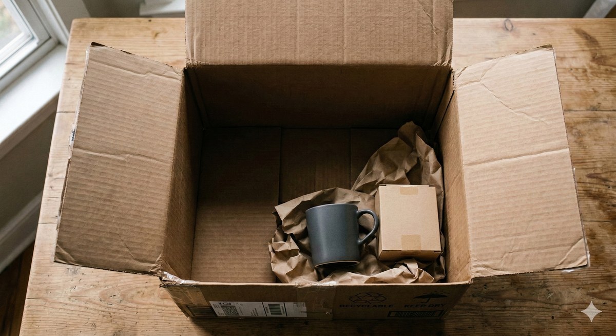 Oversized shipping box with tiny items inside